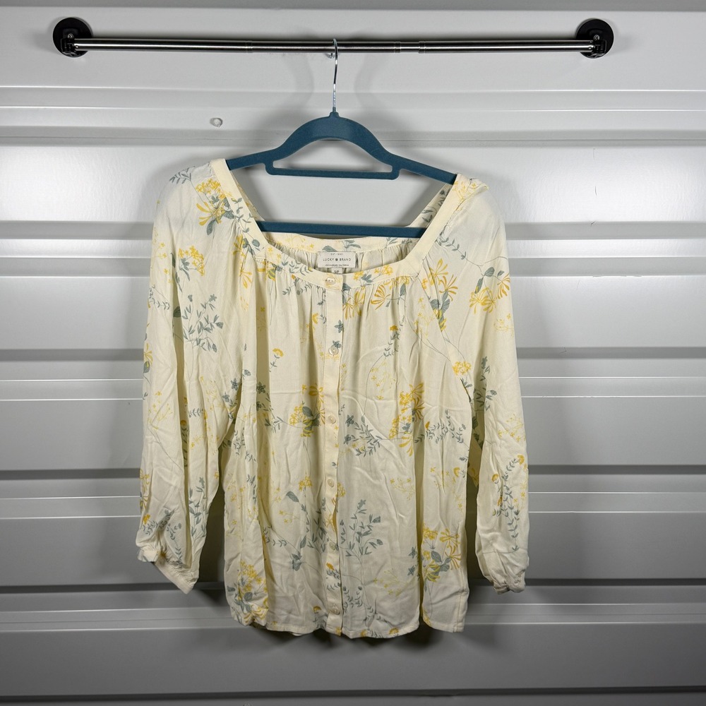 Lucky Brand Womens Floral Square Neck Button Up Blouse Cream Yellow Small